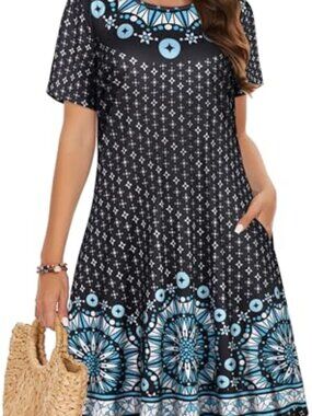 🆕 Womens Summer Dresses Beach Casual Short Sleeve Pocket Tshirt Floral Loose